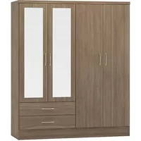 Seconique Nevada Rustic Oak 4 Door 2 Drawer Mirrored Wardrobe