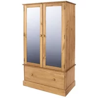 Core Cotswold 2 Door 1 Drawer Mirrored Pine Wooden Double Wardrobe
