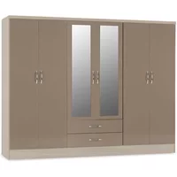 Seconique Nevada Oyster Gloss and Oak 6 Door 2 Drawer Mirrored Wardrobe