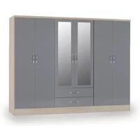 Seconique Nevada Grey Gloss and Oak 6 Door 2 Drawer Mirrored Wardrobe