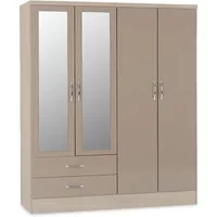Seconique Nevada Oyster Gloss and Oak 4 Door 2 Drawer Mirrored Wardrobe