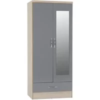 Seconique Nevada Grey Gloss and Oak 2 Door 1 Drawer Mirrored Wardrobe