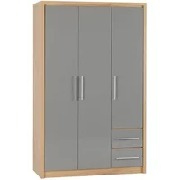 Seconique Seville Grey High Gloss and Oak 3 Door 2 Drawer Wardrobe