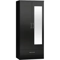 Seconique Nevada Black High Gloss 2 Door 1 Drawer Mirrored Wardrobe