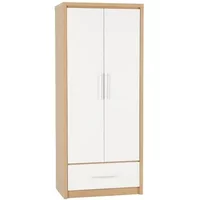 Seconique Seville White High Gloss and Oak 2 Door 1 Drawer Wardrobe