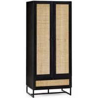 Julian Bowen Padstow Black and Rattan 2 Door 1 Drawer Wardrobe
