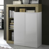 Hanmer White High Gloss Highboard With 2 Doors In Cadiz Oak