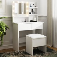 Eden Wooden Dressing Table Set In White With LED