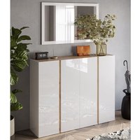 Flint Wide High Gloss Shoe Cabinet With Mirror In White Cadiz Oak