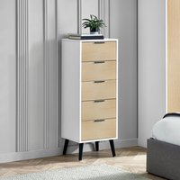 Alba – 5-Drawer Narrow Chest of Drawers – White and Oak – Lacquered MDF - Happy Beds