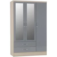 Seconique Nevada Grey Gloss and Oak 3 Door 2 Drawer Mirrored Wardrobe